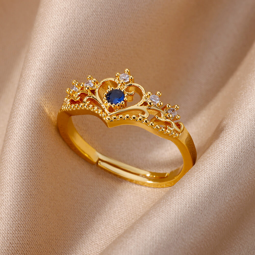 Anillos de corona de circón para mujer, anillo abierto de corona de Color dorado de acero inoxidable Vintage, joyería estética de boda, , bisutería para mujer