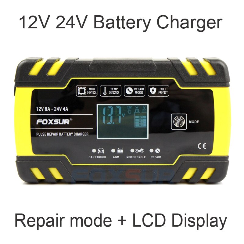 FOXSUR 12V-24V 8A Full Automatic Battery-chargers Digital LCD Display Car Battery Chargers Power Puls Repair Wet Dry Lead Acid: US