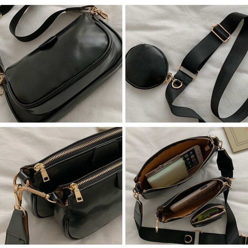 Messenger Shoulder Bags For Women With Wide Strap 3 Bags/set Female Pu Leather Handbag Purse Cross Body Bag