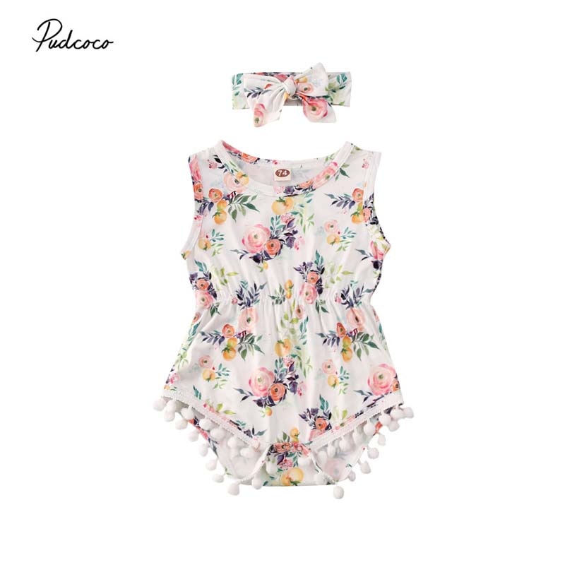 Bebis sommar kläder nyfödd bebis flickor småbarn blomma tofs boll body jumpsuit ärmlös soldräkt outfits