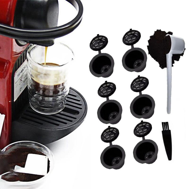 6 stk gjenbrukbare påfyllbare kaffekapselbøtter  + 1x skje  + 1x børste til nespresso