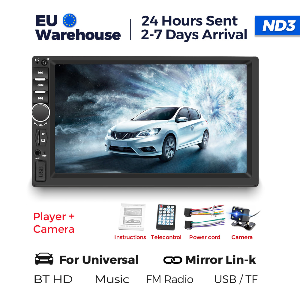 Lecteur de limitation de voiture double DIN universel, radio stéréo à écran tactile, lien miroir, entrée AUX, BT, SWC, FM, USB, carte TF, RCA, 1080P, 7 pouces: GRIS