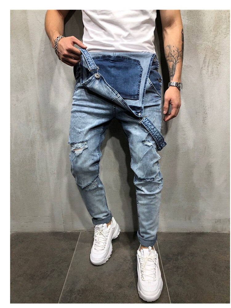 Monos vaqueros rasgados de estilo retro para hombre, Peto vaquero desgastado de Hi Street, pantalones con tirantes, talla S-3XL