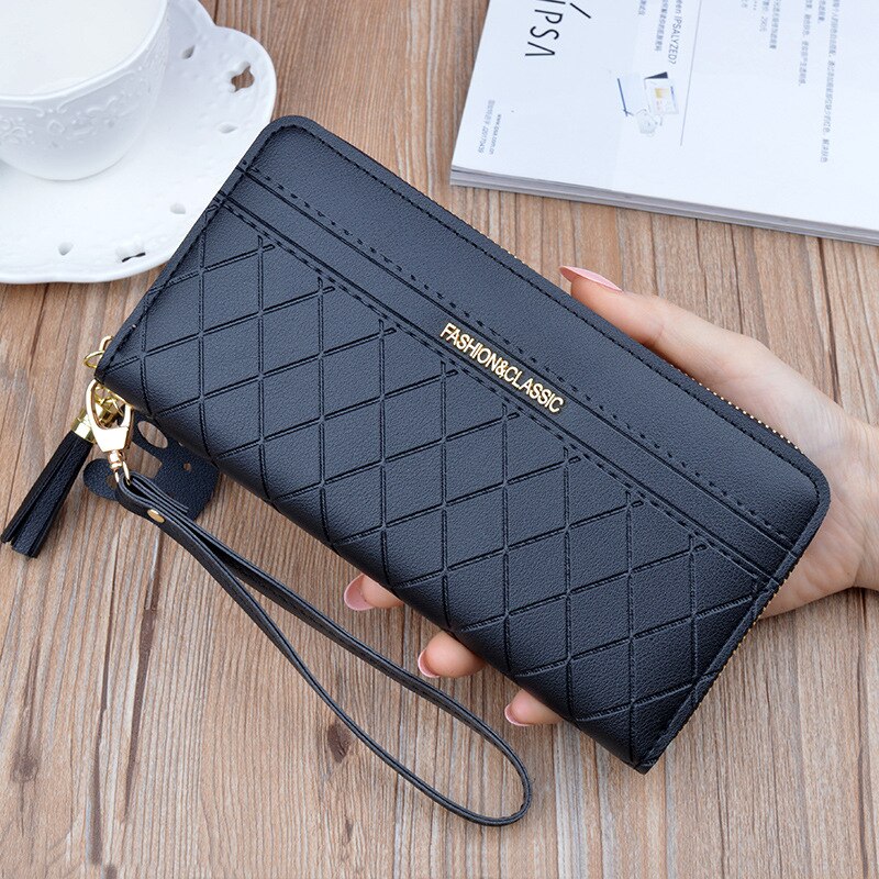 Women Pu Leather Wallets Multifunction Long Zipper Purses Female Coin Card Holders Phone Wallet Girls Portable Clutch: Black