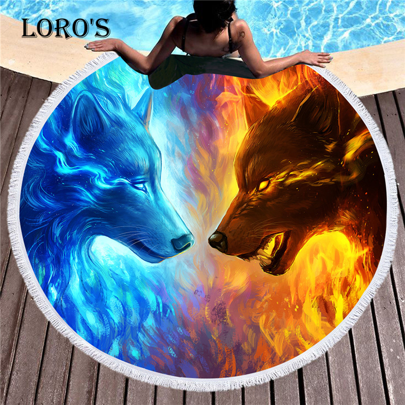 Handgetekende hd-dieren, wolf, leeuw, patroon, strandlaken, ronde kwastjes, microvezel yogamat, badhanddoek, picknickkleed, mat