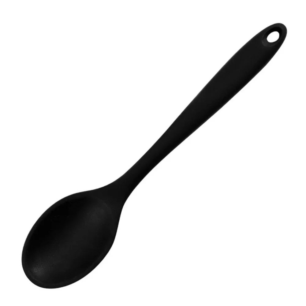 Silicone Spoon Food Grade Long-handled Kitchen Soup Spoon Mixing Spoons High Temperature Resistant for Cooking: black
