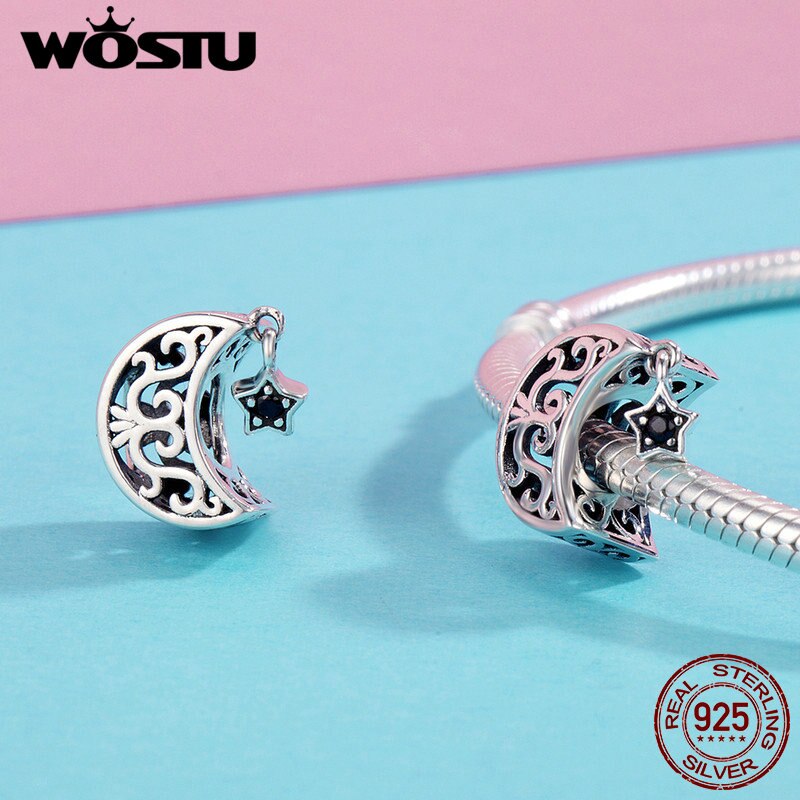 WOSTU Luxury 925 Sterling Silver Openwork Moon and Star Goodnight Charm Beads fit Bracelet DIY Jewelry Valentine Day CQC483