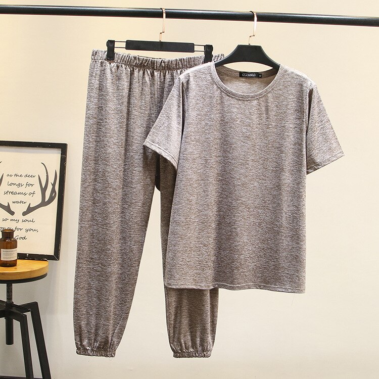 Kvinder sommer hjemmetøj dame todelt sæt ensfarvet kvindelig t-shirt + bukser plus størrelse kvinders sove & lounge  f11-3020: Kaffe / Xxxl
