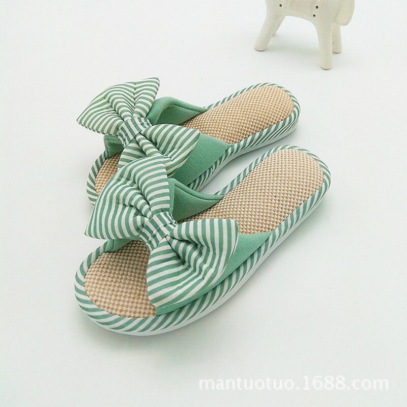 Intérieur maison pantoufles couleur bonbon printemps femmes chambre dessin animé noeud papillon dames diapositives confortable coton plancher lin maison chaussures