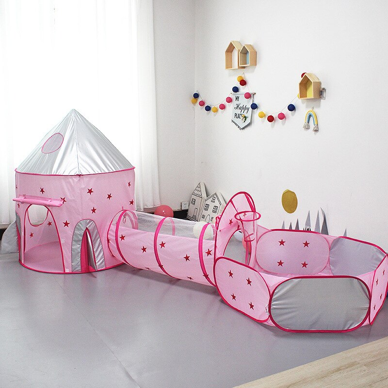 Kids 3 in 1 Tent Spacecraft Tent Space Quilt Tent Game Pink House Rocket Ship Play Tent Girl Ball Pool