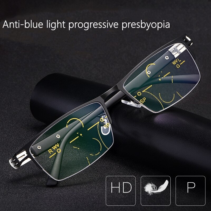 Men Half Frame Anti Blue Light Progressive Glasses Smart Zoom Hyperopia Reading Glasses Far And Near Dual-Use Glasses 1122