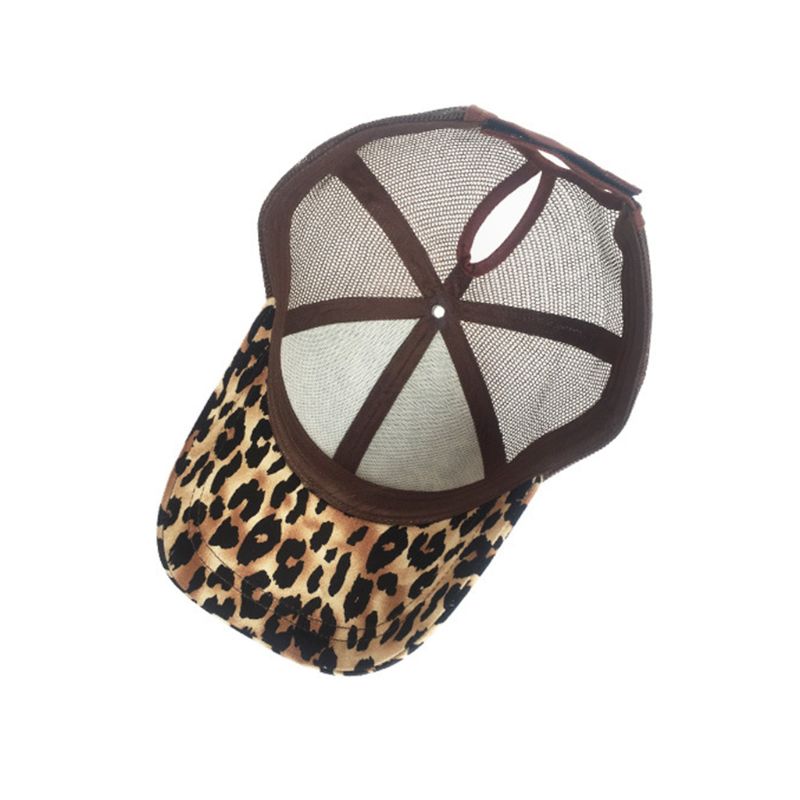 Women Ladies Summer Mesh Back Messy High Bun Ponytail Holder Cap Vintage Leopard Zebra-Stripes Adjustable Snapback Trucker Hat