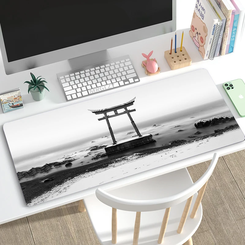 Tapis de souris de jeu de style japonais rose Sakura tapis de souris noir blanc XXL grand tapis de bureau Torii Art tapis de souris tapis pour ordinateur portable Gamer
