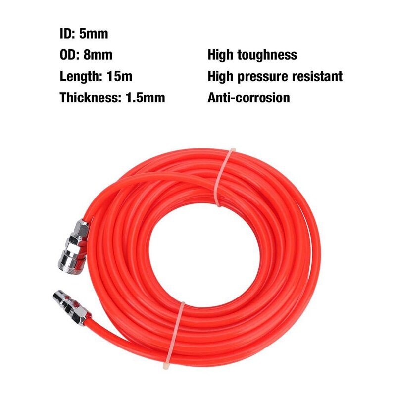 Wear and Durable 5X8mm High Pressure Flexible Air Compressor Hose With Male/Female Quick Connector for Industrial Home 15M Red