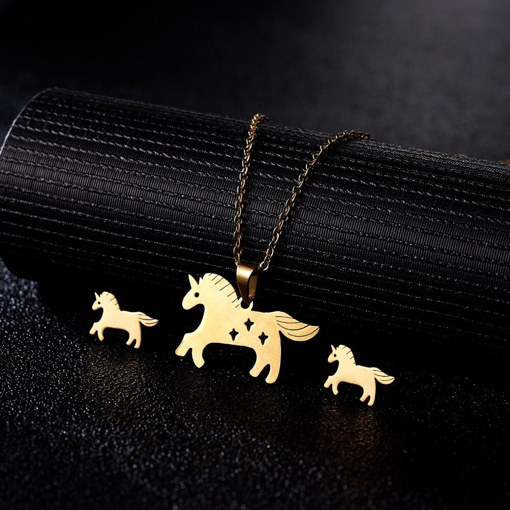 RINHOO – ensemble de bijoux en acier inoxydable pour femme, collier et boucles d'oreilles, motif chat, cheval, fleur Rose, or, à la