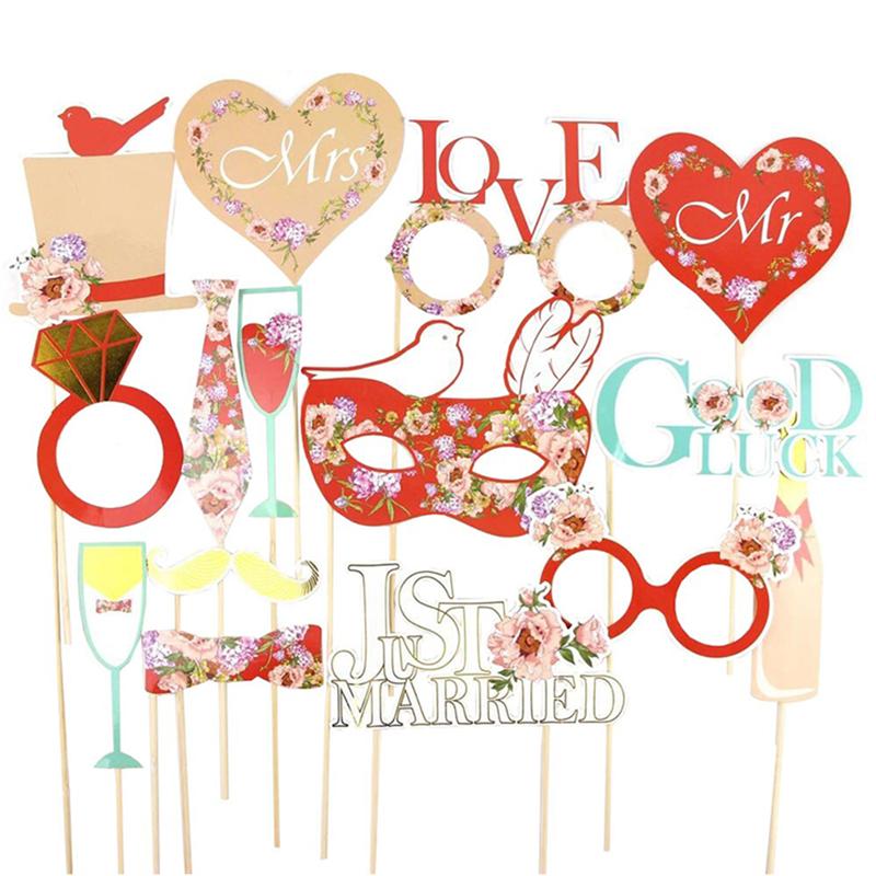 16pcs Wedding Paper Handheld Photo Props Set Photo Booth Props Set Photography Accessories Wedding Party Supplies for Couple