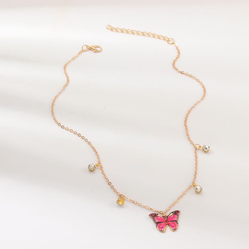 Luxury European Women Butterfly Pendant Necklaces Female Colorful Rhinestone Gold Chain Simple Choker Necklace Jewelry For Girls