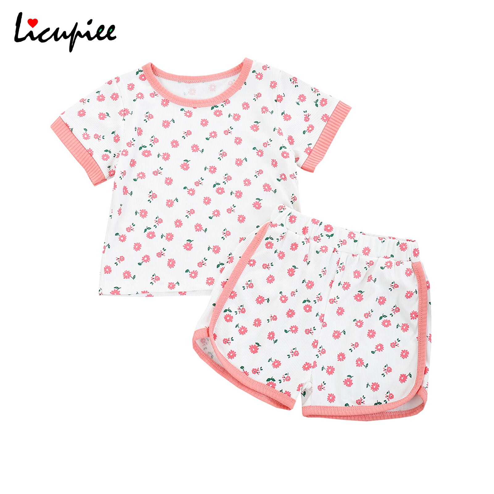 0-3 Years Print Girl\u2019s Short-sleeved and Shorts Set Floral/star Tie-dye Round Neck T-shirt and Short Pants