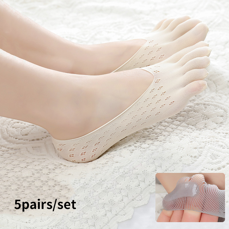 5 paar/set damen-sommersocken, fünf finger, ultradünn, lustige zehensocken, unsichtbar, mit rutschfestem silikon, atmungsaktiv