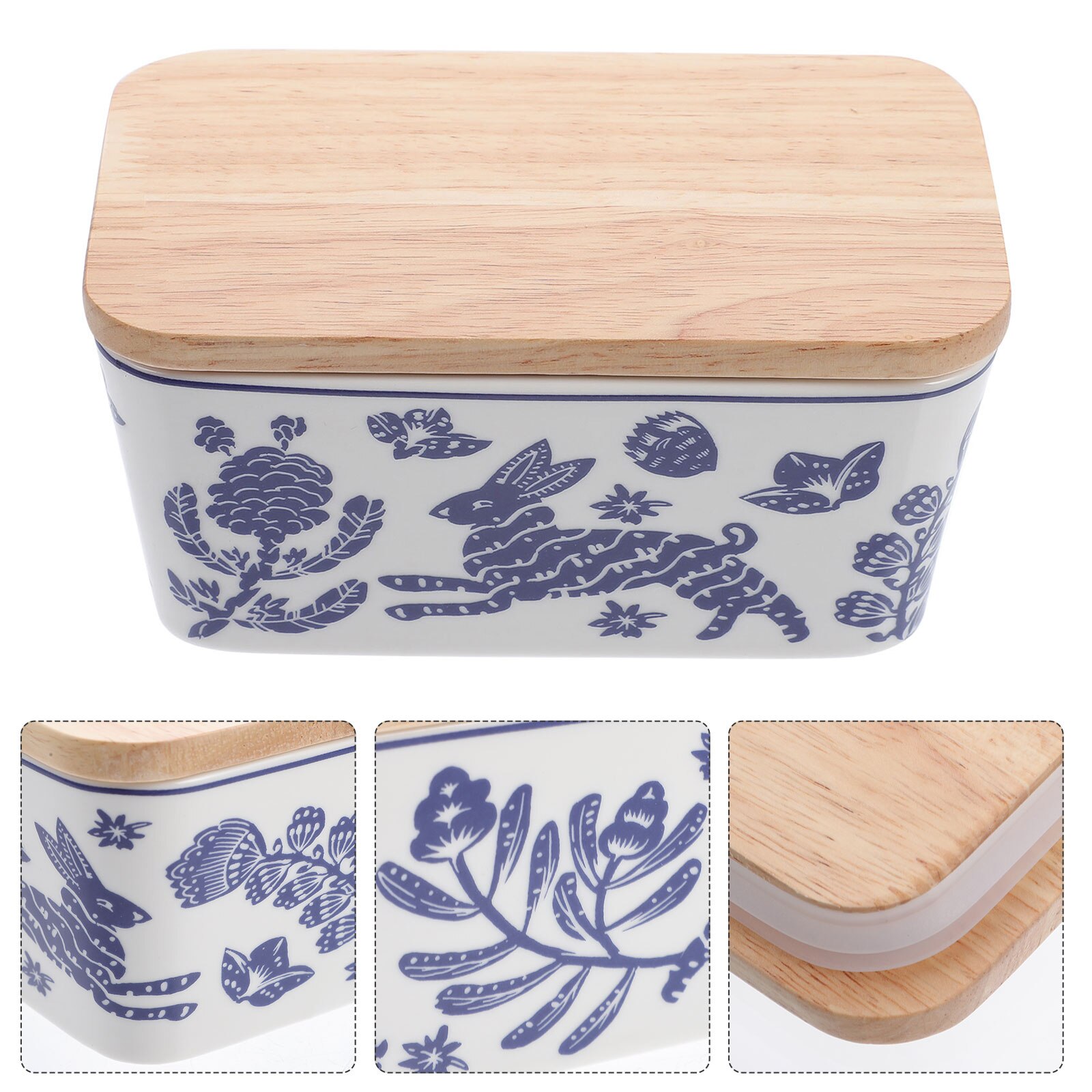 1pc Patterned Ceramic Butter Box Butter Keeper Container with Wooden Lid