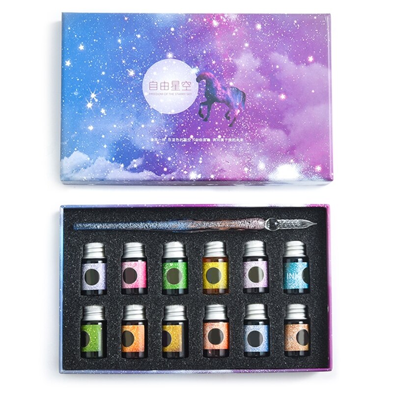 Crystal Starry Sky Glass Ink Pen Glass Dip Pen For Writing Fountain Pen Set 40JB: D