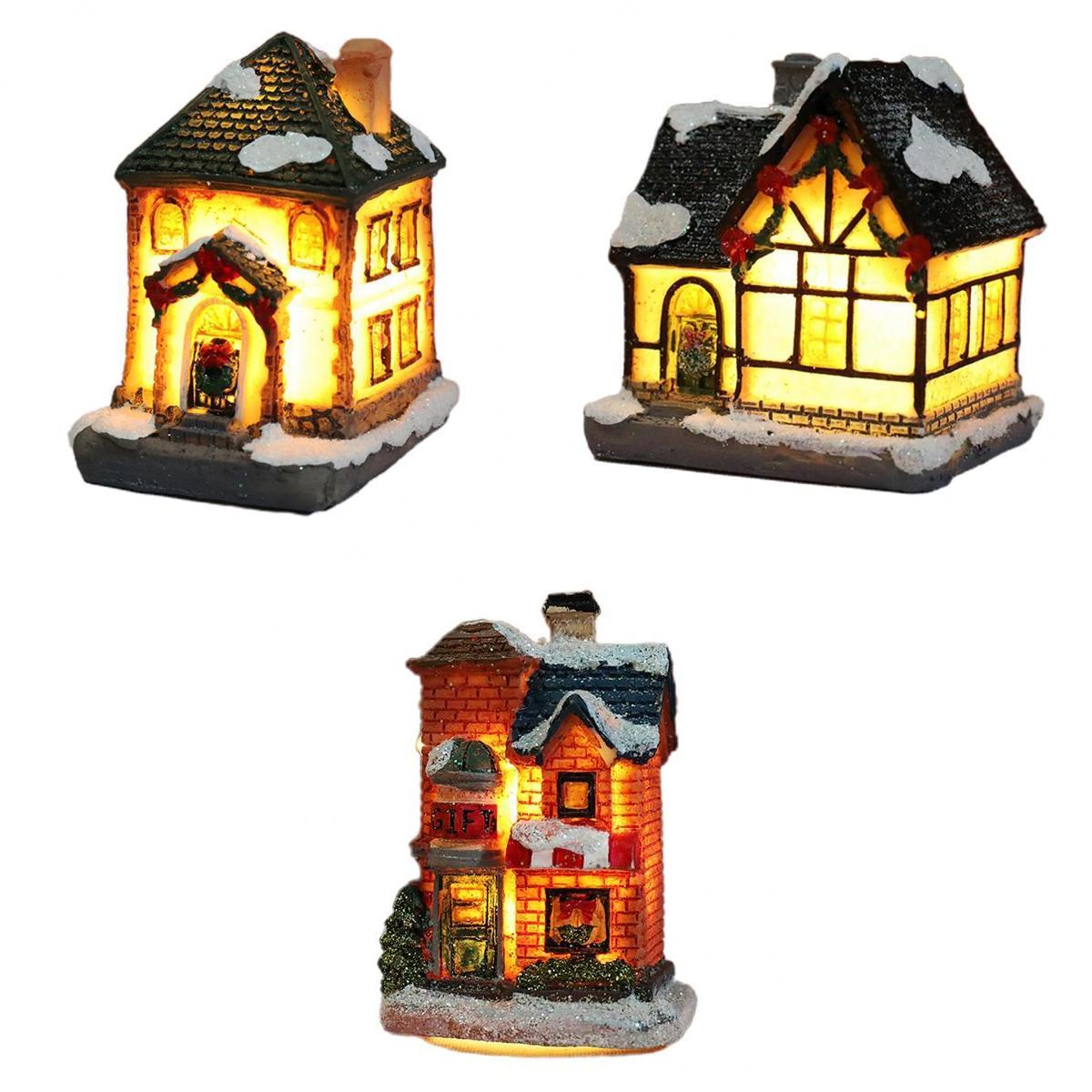 3Pcs 6-8Cm Kerst Licht Up Winter Dorp Miniatuur Huis Ornament Model