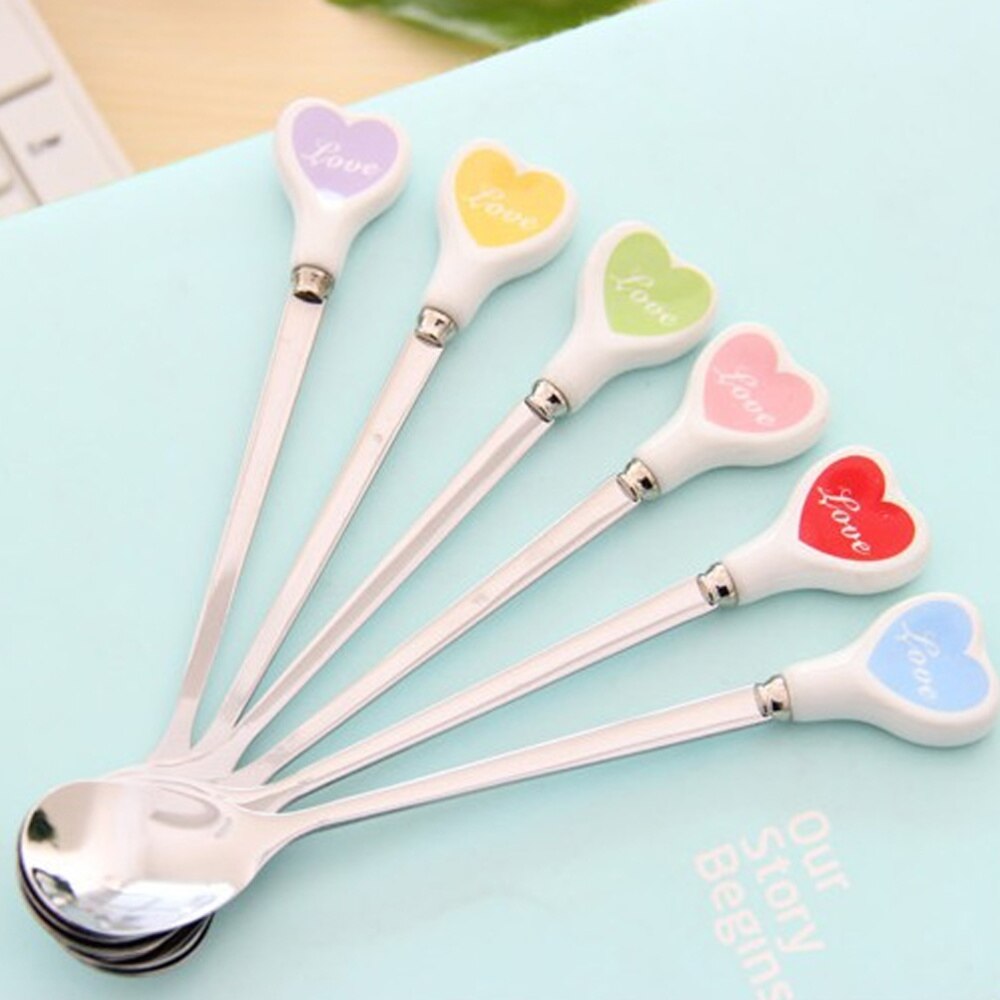 Stainless Steel Spoon with Ceramic Love Heart Handle Tableware Coffee Dessert Spoon Mixing Spoon (Red): Red