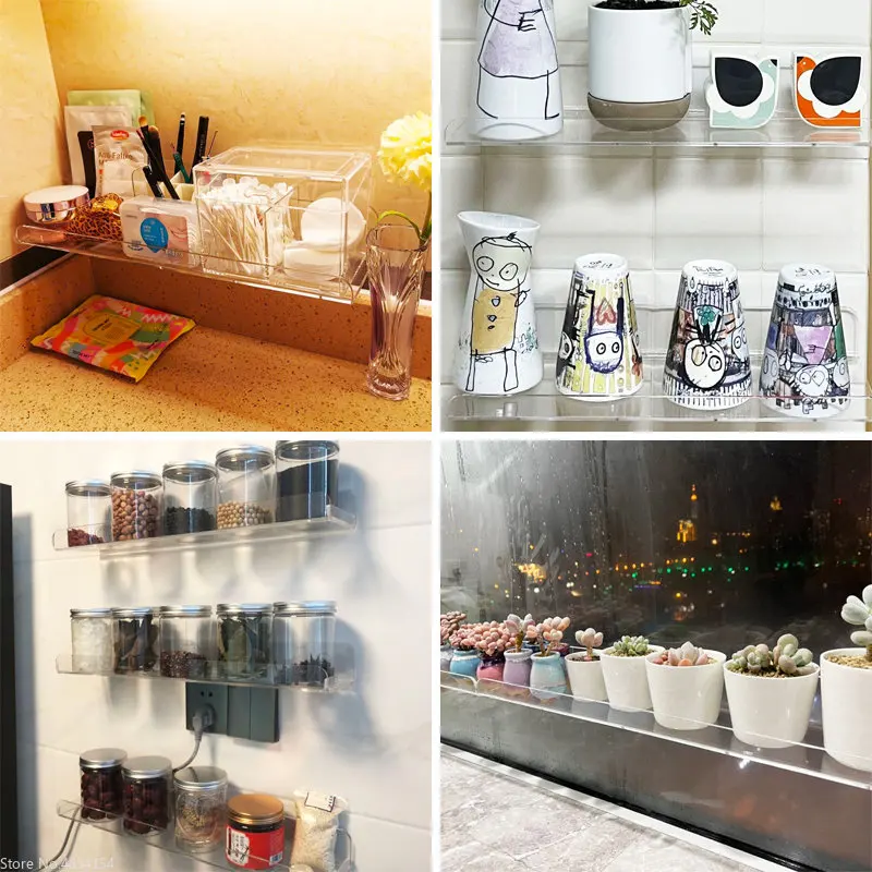 Estante de pared acrílico transparente de 20-50cm, organizador de almacenamiento flotante para baño/cocina, estante montado transparente grueso para decoración