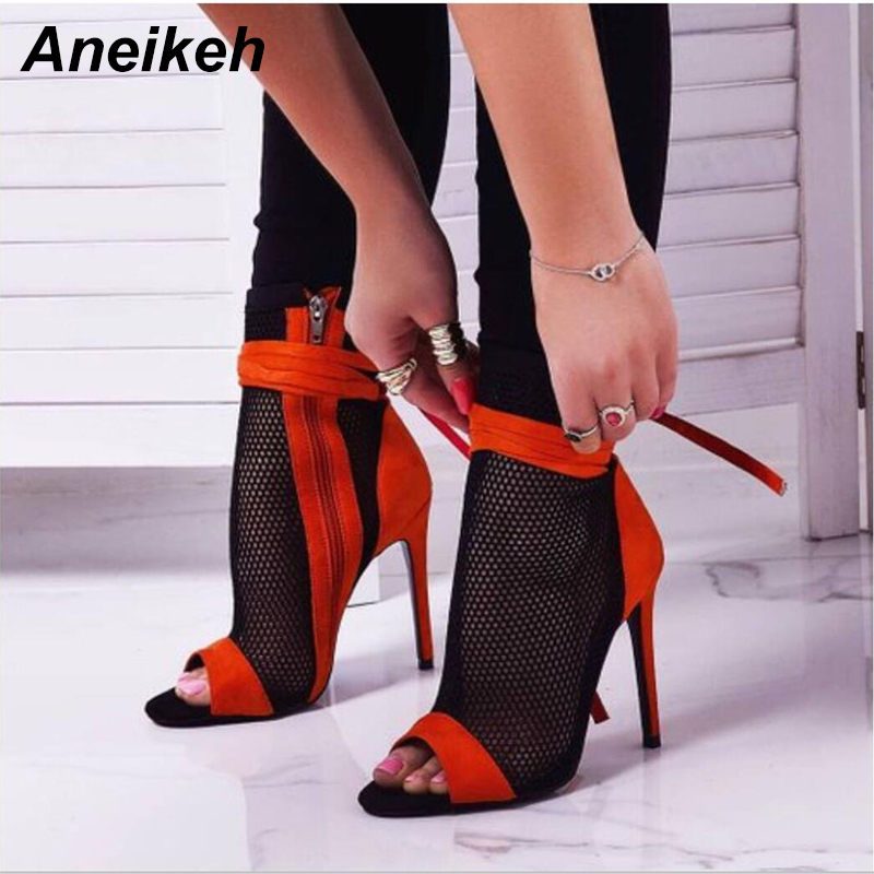 Aneikeh couleur assortie maille bottines été dames bout pointu talons hauts pieds nu sangles chaussures Stiletto