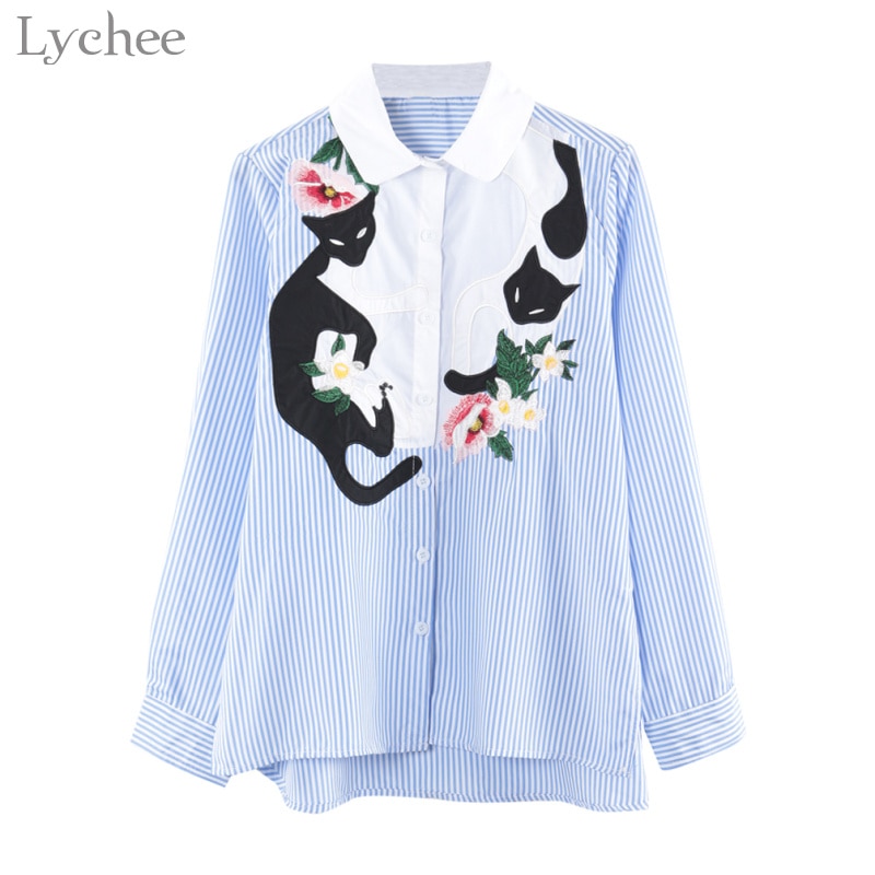 Lychee Mori Girl Women Blouse Cat Flower Embroidery Stripe Casual Loose Long Sleeve Spring Autumn Shirt Tops