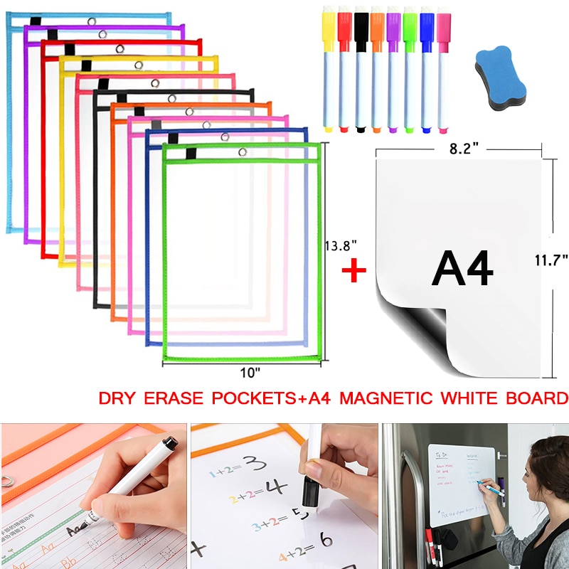 Magnetic Whiteboard Soft Dry Erase Pockets Bags Write Wipe Drawing Writing Classroom Teaching Supplies Reusable Magnet Markers