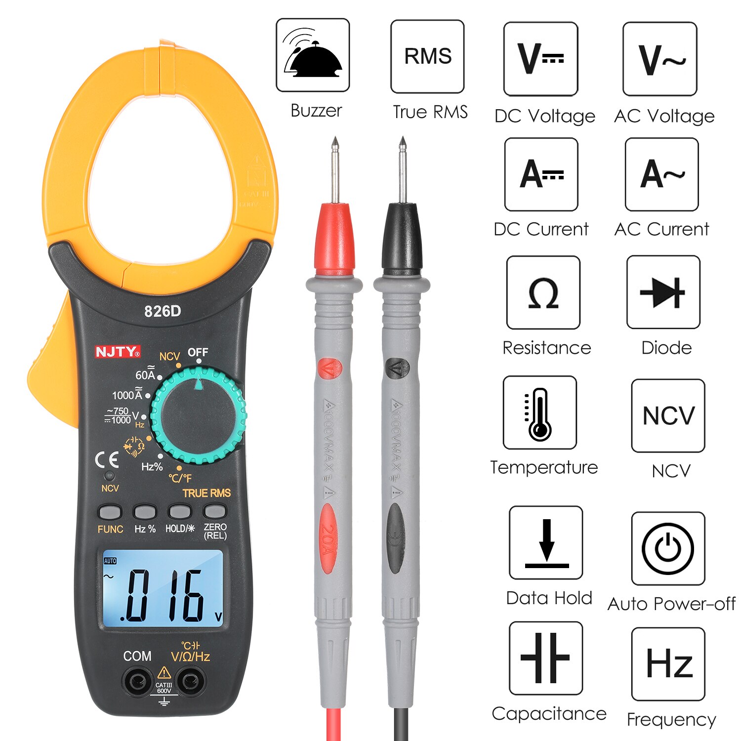 NJTY Digital Clamp Meter 6000 Zählt Auto Range Multimeter mit NCV Test AC/DC Spannung, AC Strom Multimeter clamp meter tester