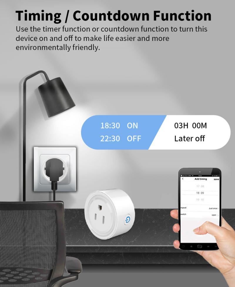 Aubess Tuya 10A Mini Smart WiFi Plug Outlet Timer Remote Control Switch Wireless Power Socket Work With Google Home/Alexa