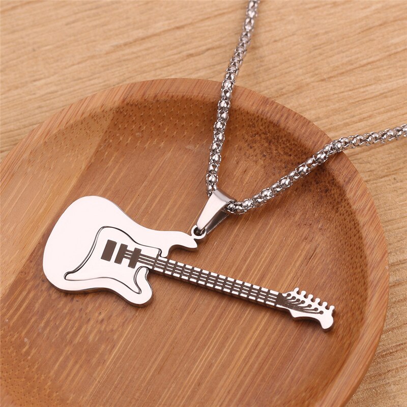 Hip Hop Gold Black Silver Color Men Women Stainless Steel Rock Music Guitar Pendant Jewelry Chain Necklace bijoux