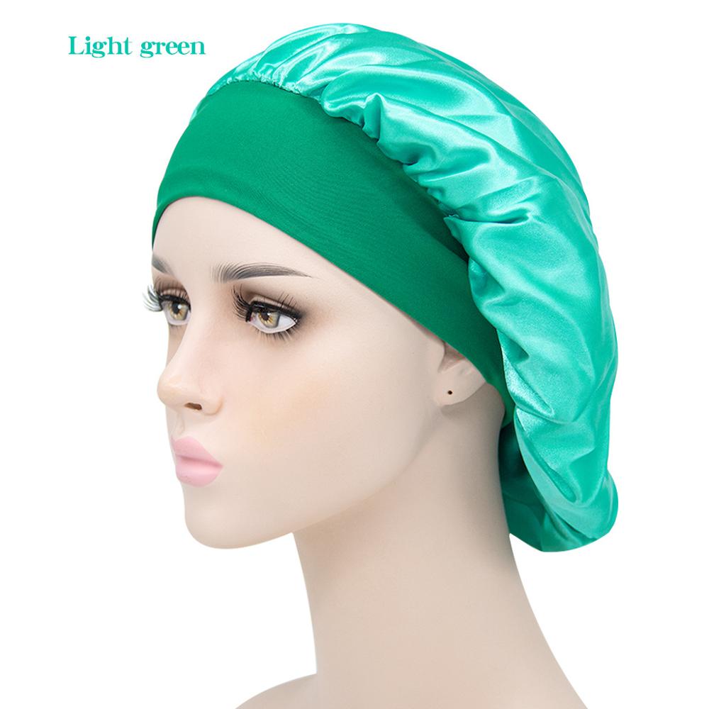 Gorro de descanso de ala ancha de satén para mujer, gorro de dormir para el cuidado del cabello, gorro de noche, Unisex, gorro de ducha, envoltura de cabeza de seda: light-green