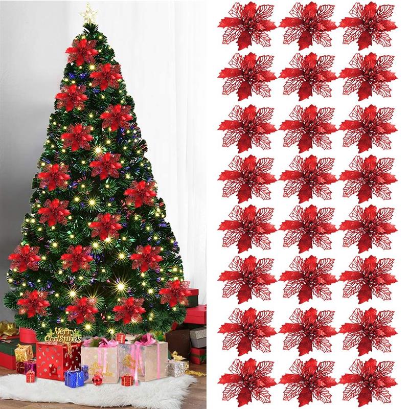 24 Stks/set Kerst Bloemen Ornament Mode Glitter Faux Xmas Bloem Feestartikelen Kerstboom Decor Accessoires: 3