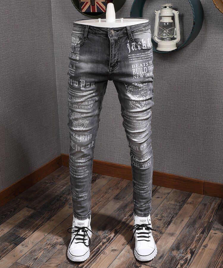 Herfst zwart grijze jeans heren slim-fit stretch strakke skinny broek koreaanse stijl trendy merk gewassen bedrukte heren denim jeans