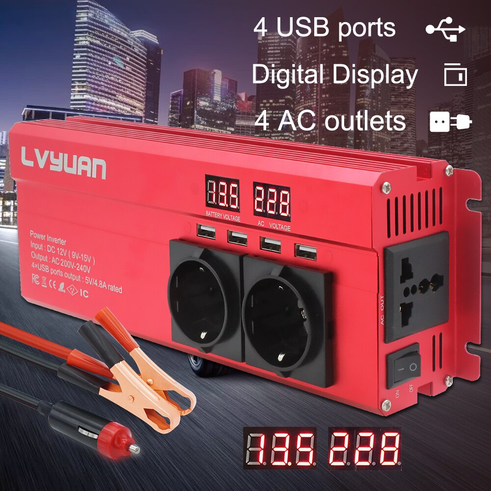Inversor 12 v 220 v 6000W Solar Inverter EU Plug 3AC Outlets 4 USB Outing Car Inverter Converter Inversor Solar Senoidal Pura