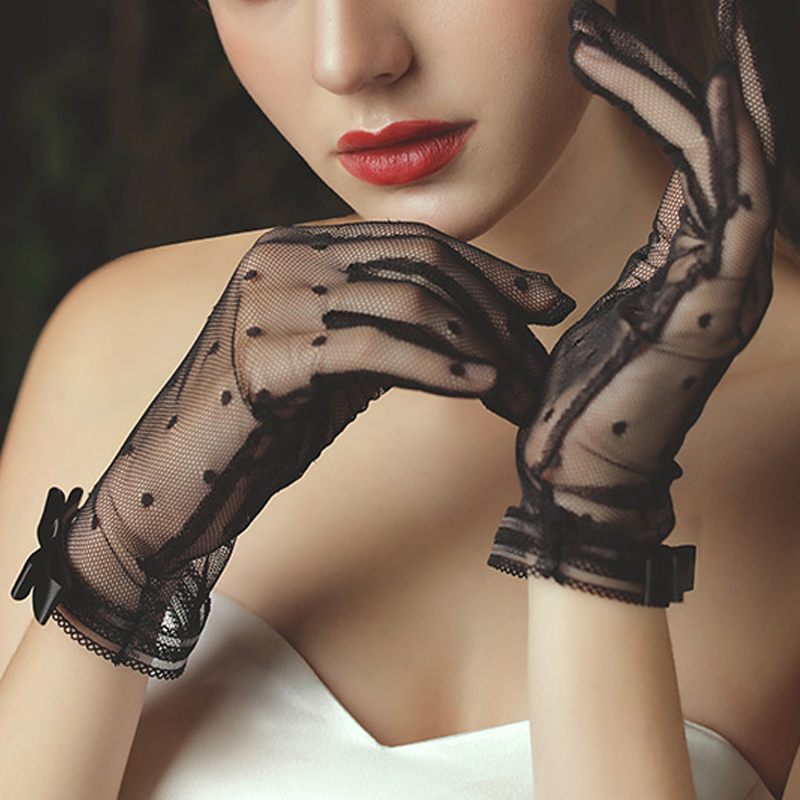 Women Gloves Lace Full Finger Gloves Short Tulle Gloves Etiquette Gloves Stretchy Lotus Leaf Sheers Black Mittens Wedding Gloves: black