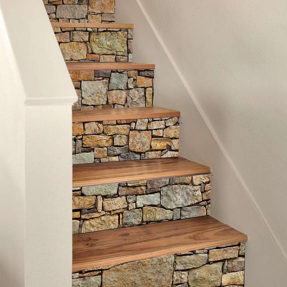 6pcs/set 3D Stone Staircase Stair Riser Floor Sticker Self Adhesive DIY Stairway Brick Texture Decorative Wall Stickers