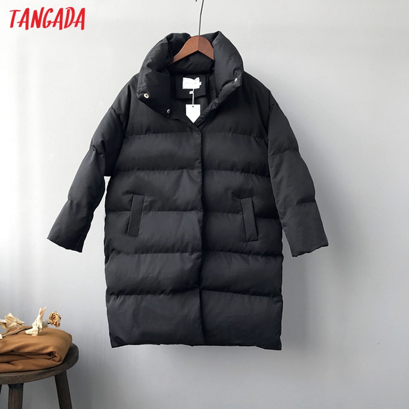 Tangada Vrouwen Solid Oversize Lange Parka Dikke Lange Mouw Knoppen Zakken Vrouwelijke Warme Winterjas Koreaanse Mode ATC02: Black / L