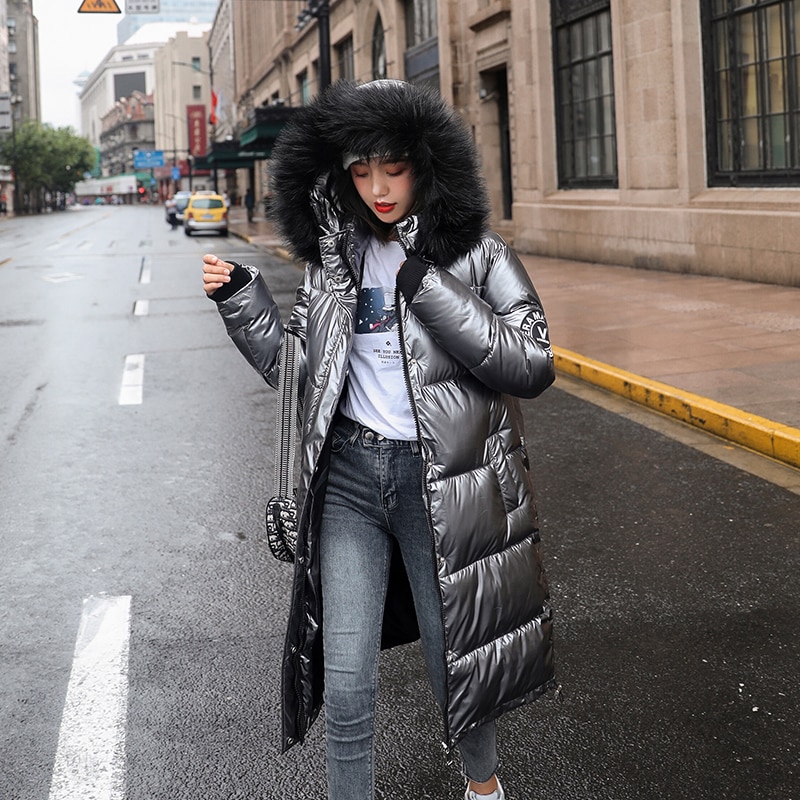 Neue Frauen Langen Mantel Parkas Weibliche Glänzend Winter warm Verdicken Faux Pelz Mäntel Silber Unten Jacke Parker Jacke Mantel: Grau / XL