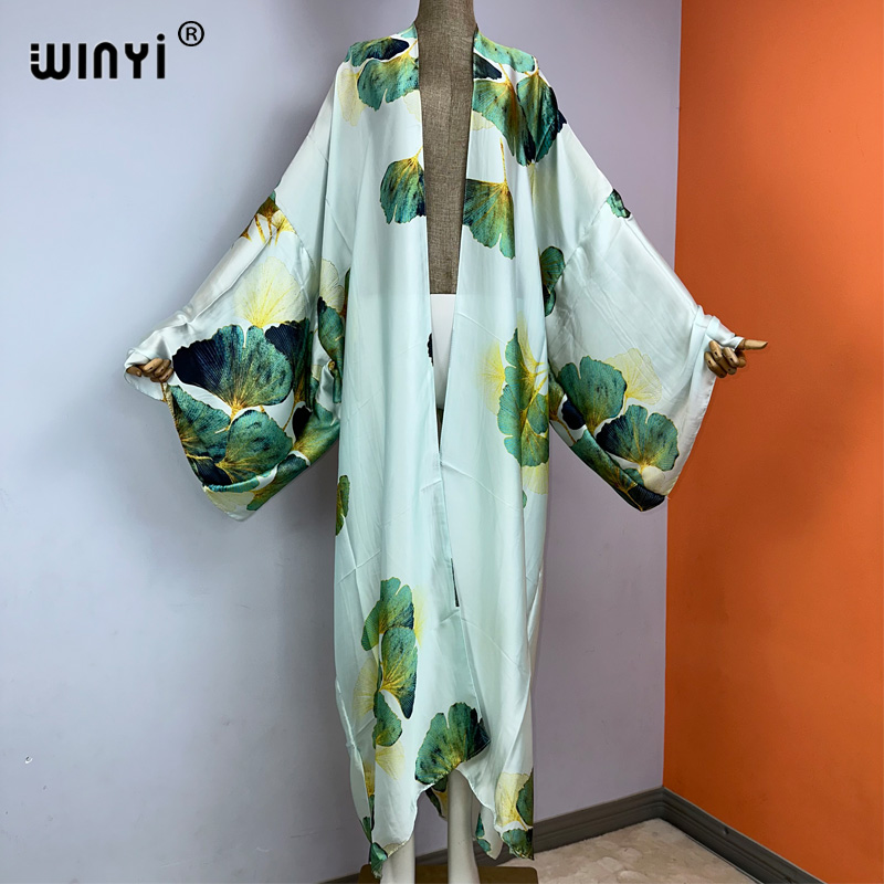 Winyi boho-kimono-kleid mit print, lang, sommerkleidung für damen, strandbekleidung, badeanzug, überwurf, kaftan: Elfenbein