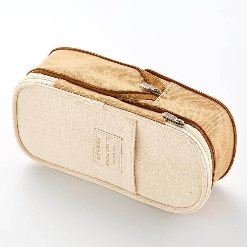 Briefpapier Canvas Etui Double Layer Grote Capaciteit Potlood Doos Leuke Pencilcase Voor Kids Jongens Pen Doos Schoolbenodigdheden: Khaki