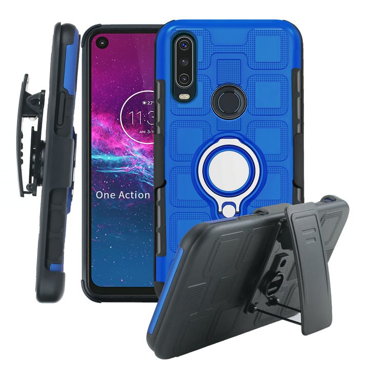 Metalen ring riemclip holster telefoonhoesje voor motorola moto one action hoesje magneet autohouder voor motorola one 1 action hoesje: Blauwe zilveren ring