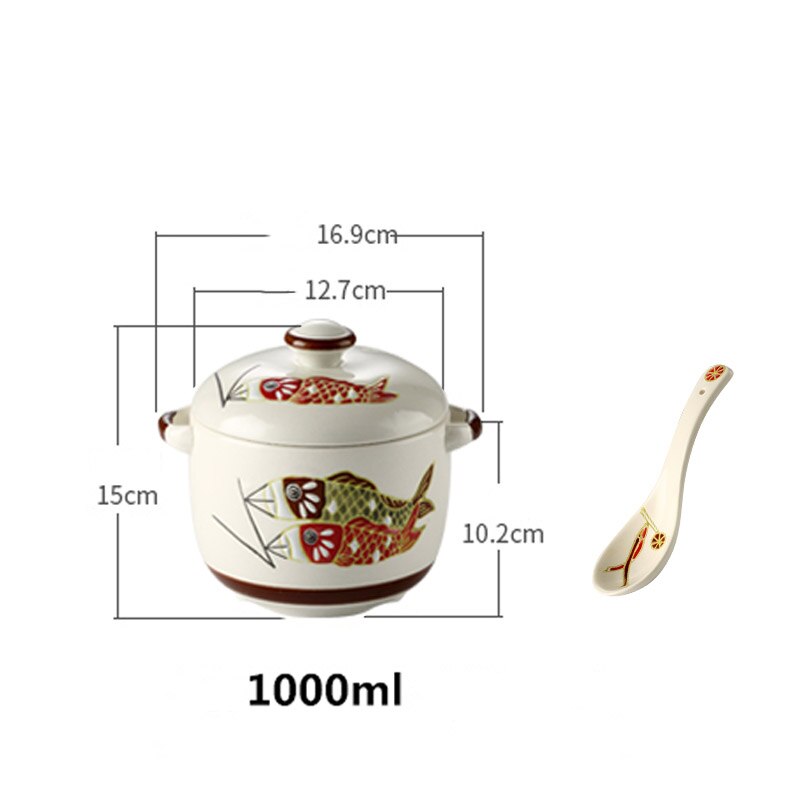 Japanese Hand-painted Ceramic Stew Pot With Lid Spoon Fish Flower Pattern 1L Soup Pot Household Dessert Tank: fish L