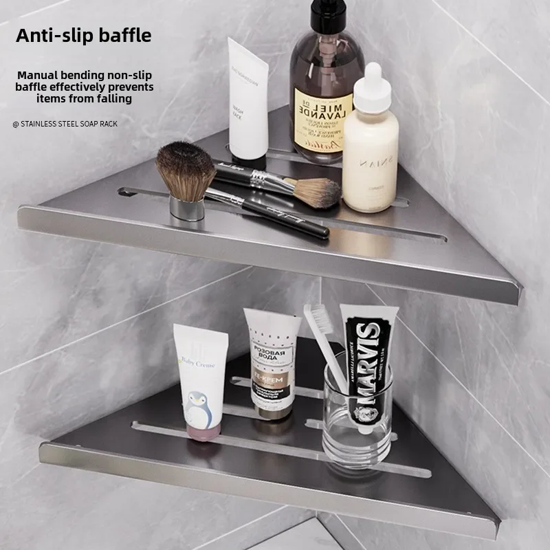 Étagère de vidange triangulaire de salle de bain, étagère murale creuse en acier au carbone pour cosmétiques et articles de toilette sans perçage avec crochets