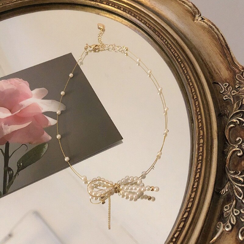 MENGJIQIAO Koreanische Elegante Nette Perle Bowknot Halsband Schmuck Für Frauen Mädchen Fasshion Hochzeit Kette Halskette Schmuckstück Colares