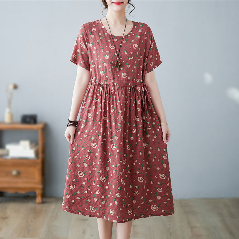 Summer Cotton Linen Literary Vintage Printing Loose Casual Robe Ladies Round Neck Lace Up Waist Dress Vestidos De Fiesta: L / Blue