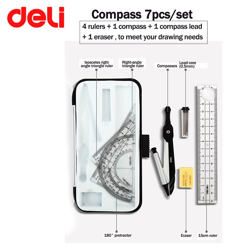 DELI – ensemble de géométrie boussole, 7/8 pièces, modèle de dessin de cercle, rapporteur de carrés en métal et plastique, règle de géométrie mathématique